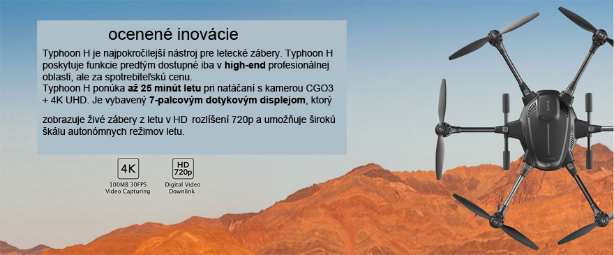 Typhoon H je najpokroilej leteck fotografovanie a videography k dispozcii v takej kompaktnej vekosti platformu. ahan dopytom zkaznkov na dizajne, ktor prekrauje obmedzenie tradinho Kvadrokoptra, Typhoon H poskytuje funkcie predtm dostupn iba v high-end profesionlne ponuky, ale na spotrebitesk cenu. Typhoon H ponka letovej trvania a 25 mint pri natan s kamerou CGO3 + 4K UHD. Pohan Android ST16 Ground Station je vybaven 7-palcov dotykov displej, ktor zobrazuje iv zbery z letu v HD rozlen 720p a umouje irok klu autonmnych reimoch letu.